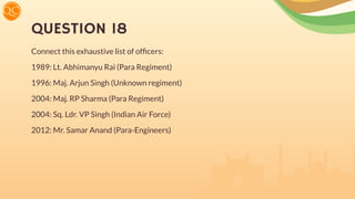 QUESTION 18
Connect this exhaustive list of ofﬁcers:
1989: Lt. Abhimanyu Rai (Para Regiment)
1996: Maj. Arjun Singh (Unknown regiment)
2004: Maj. RP Sharma (Para Regiment)
2004: Sq. Ldr. VP Singh (Indian Air Force)
2012: Mr. Samar Anand (Para-Engineers)
 