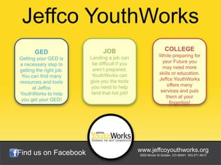 Jeffco YouthWorks
       GED                     JOB                               COLLEGE
                         Landing a job can                   While preparing for
Getting your GED is
                          be difficult if you                 your Future you
a necessary step to
                          aren’t prepared.                    may need more
getting the right job.
                          YouthWorks can                     skills or education.
 You can find many
                         give you the tools                  Jeffco YouthWorks
resources and tools
                         you need to help                        offers many
      at Jeffco
                         land that hot job!                  services and puts
YouthWorks to help
                                                                them at your
 you get your GED!
                                                                   fingertips!




Find us on Facebook                             www.jeffcoyouthworks.org
                                                3500 Illinois St Golden, CO 80401 303.271.4613
 