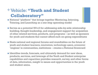 +Vehicle: “Youth and Student
Collaboratory”
  National “platform” that brings together Mentoring, Interning,
Tutoring, and Launching as a one-stop operating model
  Serves as a potential 501c3 for addressing side-by-side relationship
building, thought-leadership, and engagement support for acquisition
of other related services, products, and programs – as well as sponsors
for youth and students that cannot afford such on-going expenditures
  Hosts national and regional forums and roundtables on the future of
youth and student learners, innovators, technology-users, economic
‘engines’ in communities, institutions – creates a National Scorecard
  Identifies trends, forecasts, and ultimately demand for new ideas,
products, services, and leverage of the Youth and Student enterprise
capabilities and capacities; provides research, survey, and other forms
of data, information, insight to issues and opportunities in the youth
and student arena.
 