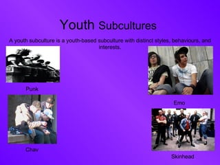 Youth  Subcultures   A youth subculture is a youth-based subculture with distinct styles, behaviours, and interests. Emo Skinhead Punk Chav 