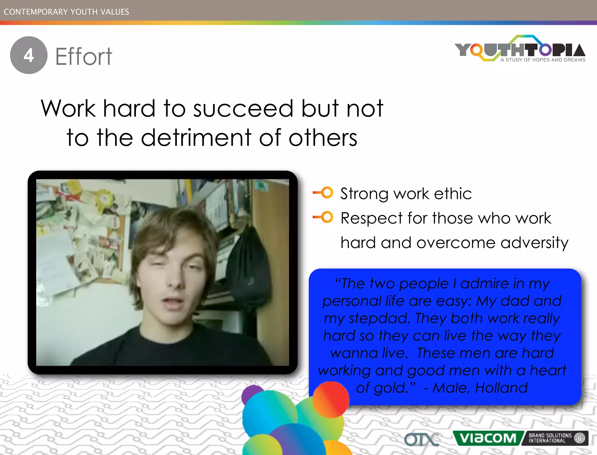 CONTEMPORARY YOUTH VALUES




   4      Effort

       Work hard to succeed but not
        to the detriment of others

                                Strong work ethic
                                Respect for those who work
                                hard and overcome adversity

                               “The two people I admire in my
                             personal life are easy: My dad and
                              my stepdad. They both work really
                             hard so they can live the way they
                              wanna live. These men are hard
                             working and good men with a heart
                                  of gold.” - Male, Holland
 