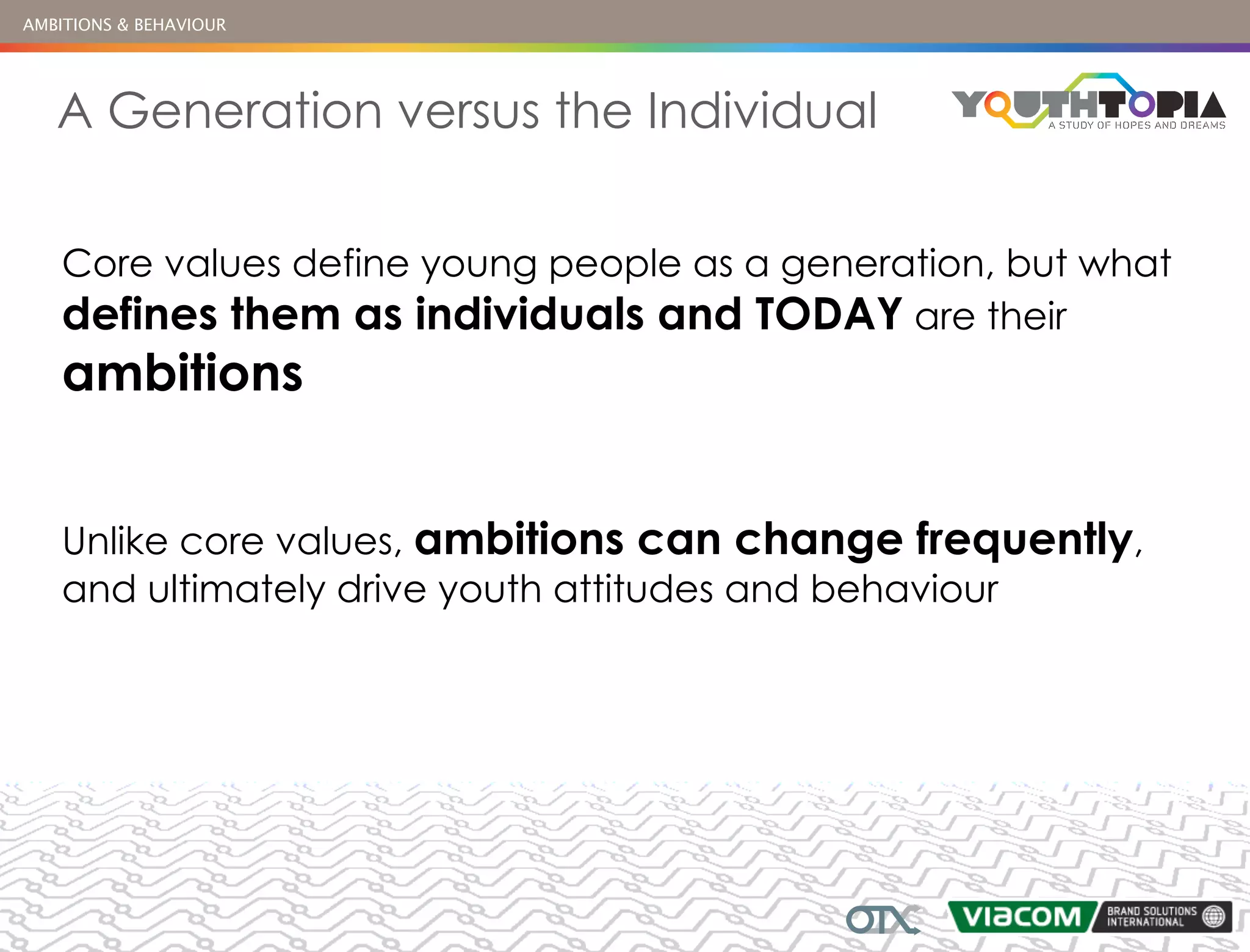 AMBITIONS & BEHAVIOUR




   A Generation versus the Individual

    Core values define young people as a generation, but what
    defines them as individuals and TODAY are their
    ambitions


    Unlike core values, ambitions can change frequently,
    and ultimately drive youth attitudes and behaviour
 