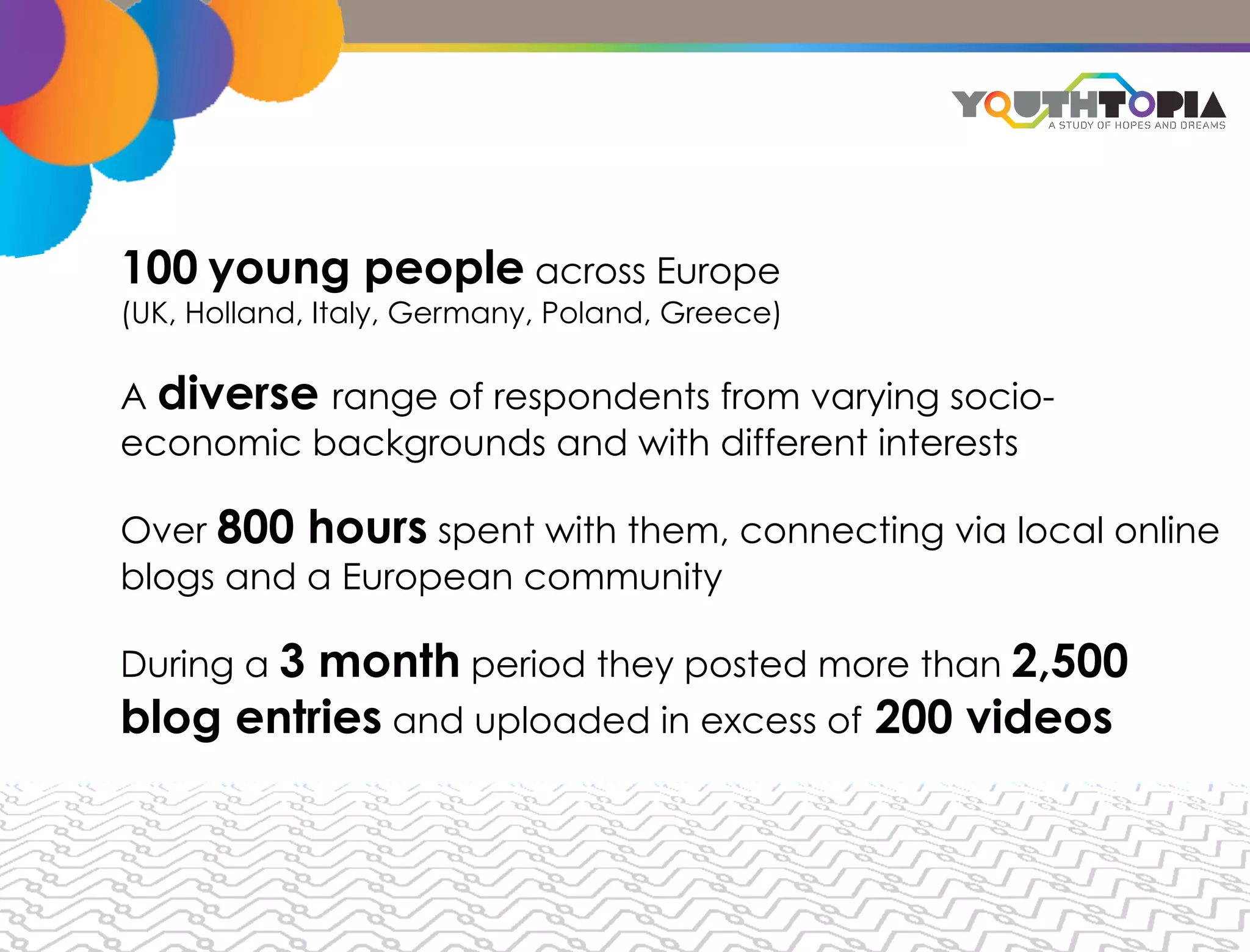 100 young people across Europe
(UK, Holland, Italy, Germany, Poland, Greece)

A diverse range of respondents from varying socio-
economic backgrounds and with different interests

Over 800 hours spent with them, connecting via local online
blogs and a European community

During a 3
         month period they posted more than 2,500
blog entries and uploaded in excess of 200 videos
 