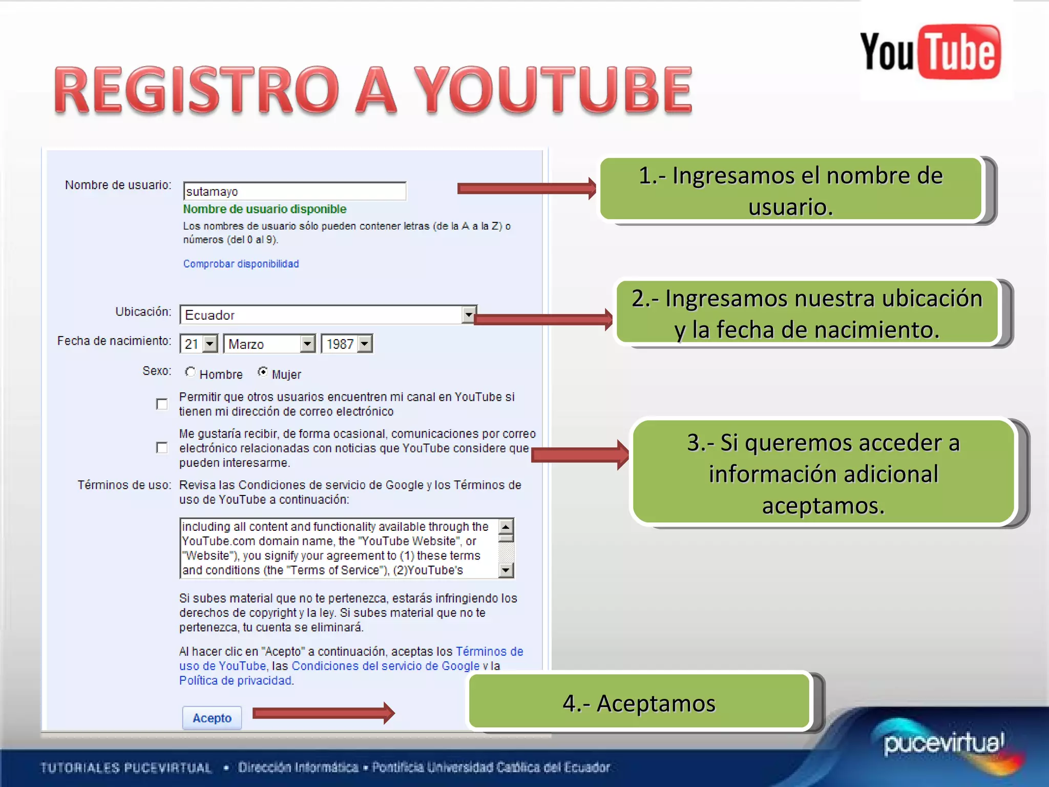 1.- Ingresamos el nombre de usuario. 2.- Ingresamos nuestra ubicación y la fecha de nacimiento. 3.- Si queremos acceder a información adicional aceptamos. 4.- Aceptamos