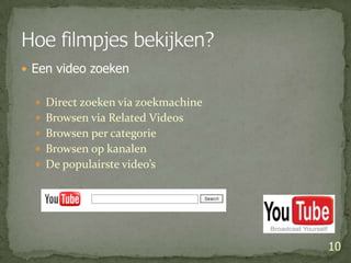 Een video zoekenDirect zoeken via zoekmachineBrowsen via RelatedVideosBrowsen per categorieBrowsen op kanalenDe populairste video’s10Hoe filmpjes bekijken? 