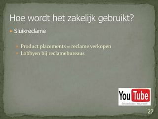 SluikreclameProduct placements = reclame verkopenLobbyen bij reclamebureaus27Hoe wordt het zakelijk gebruikt?