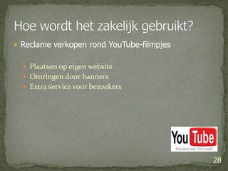 Reclame verkopen rond YouTube-filmpjesPlaatsen op eigen websiteOmringen door bannersExtra service voor bezoekers28Hoe wordt het zakelijk gebruikt?