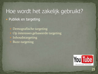 Publiek en targetingDemografische targetingOp interesses gebaseerde targetingInhoudstargetingBuzz-targeting25Hoe wordt het zakelijk gebruikt?