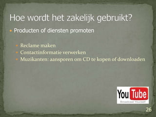 Producten of diensten promotenReclame makenContactinformatie verwerkenMuzikanten: aansporen om CD te kopen of downloaden26Hoe wordt het zakelijk gebruikt?