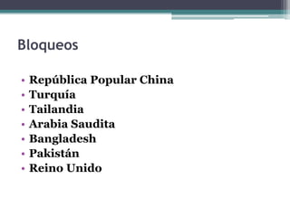 BloqueosRepública Popular ChinaTurquíaTailandiaArabia SauditaBangladeshPakistánReino Unido 