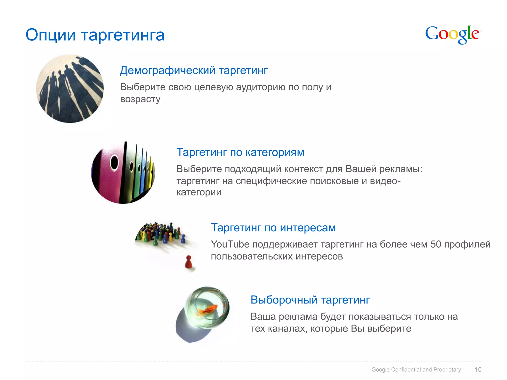 Опции таргетинга
          Демографический таргетинг
          Выберите свою целевую аудиторию по полу и
          возрасту




                    Таргетинг по категориям
                    Выберите подходящий контекст для Вашей рекламы:
                    таргетинг на специфические поисковые и видео-
                    категории


                           Таргетинг по интересам
                           YouTube поддерживает таргетинг на более чем 50 профилей
                           пользовательских интересов



                                   Выборочный таргетинг
                                   Ваша реклама будет показываться только на
                                   тех каналах, которые Вы выберите



                                                          Google Confidential and Proprietary   10
 