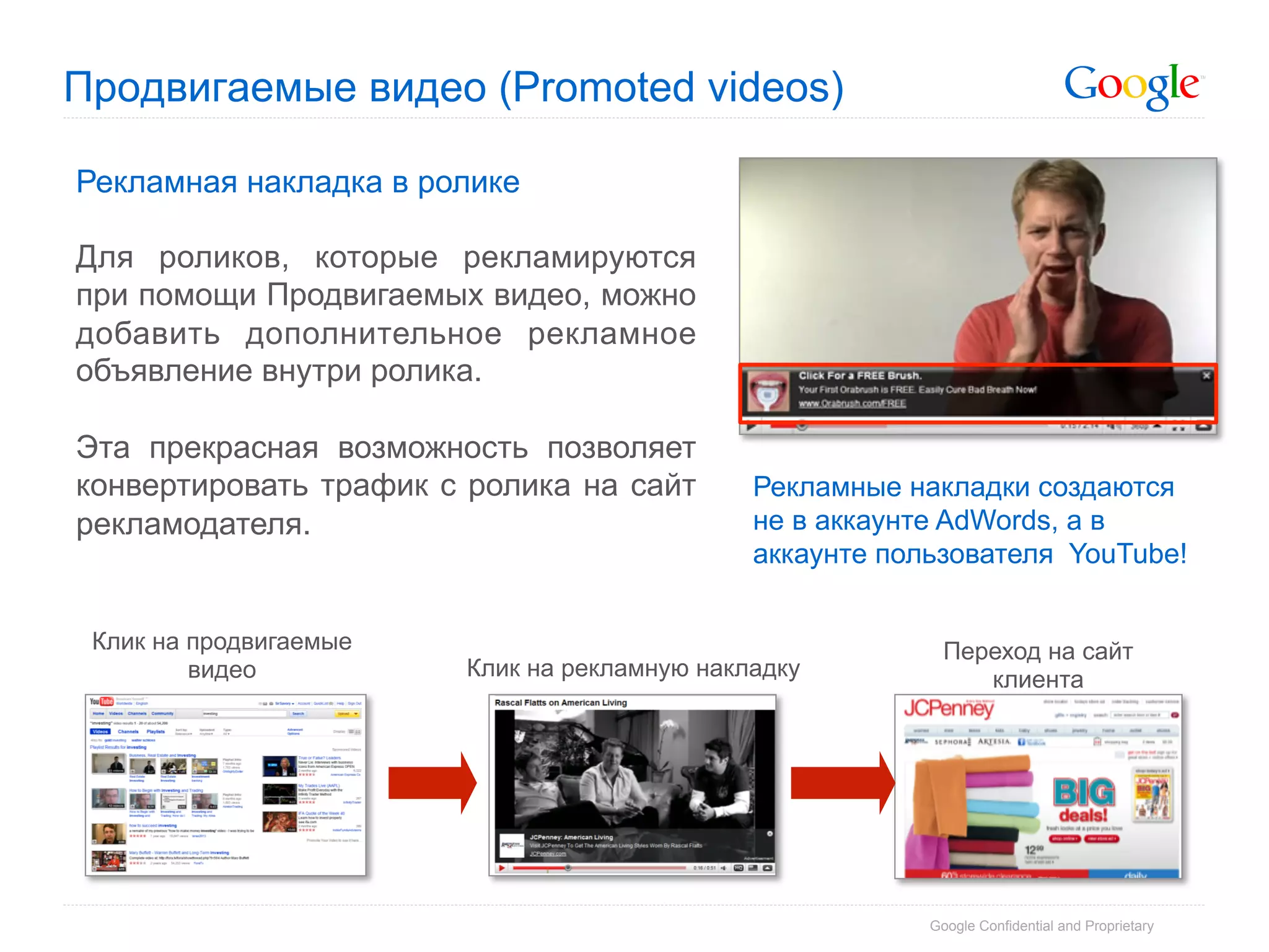Продвигаемые видео (Promoted videos)

Рекламная накладка в ролике

Для роликов, которые рекламируются
при помощи Продвигаемых видео, можно
добавить дополнительное рекламное
объявление внутри ролика.

Эта прекрасная возможность позволяет
конвертировать трафик с ролика на сайт        Рекламные накладки создаются
рекламодателя.                                не в аккаунте AdWords, а в
                                              аккаунте пользователя YouTube!


 Клик на продвигаемые                                       Переход на сайт
         видео          Клик на рекламную накладку             клиента




                                                          Google Confidential and Proprietary
 