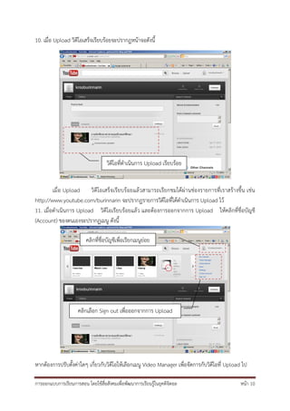 10. เมื่อ Upload วิดีโอเสร็จเรียบร้อยจะปรากฏหน้าจอดังนี้




                                    วิดีโอที่ดําเนินการ Upload เรียบร้อย


         เมื่อ Upload วิดีโอเสร็จเรียบร้อยแล้วสามารถเรียกชมได้ผ่านช่องรายการที่เราสร้างขึ้น เช่น
http://www.youtube.com/burinnarin จะปรากฏรายการวิดีโอที่ได้ดําเนินการ Upload ไว้
11. เมื่อดําเนินการ Upload วิดีโอเรียบร้อยแล้ว และต้องการออกจากการ Upload ให้คลิกที่ชื่อบัญชี
(Account) ของตนเองจะปรากฏเมนู ดังนี้

                         คลิกที่ชื่อบัญชีเพื่อเรียกเมนูย่อย




                     คลิกเลือก Sign out เพื่อออกจากการ Upload




หากต้องการปรับตั้งค่าใดๆ เกี่ยวกับวิดีโอให้เลือกเมนู Video Manager เพื่อจัดการกับวิดีโอที่ Upload ไป

การออกแบบการเรียนการสอน โดยใช้สื่อสังคมเพื่อพัฒนาการเรียนรู้ในยุคดิจิตอล                         หน้า 10
 
 