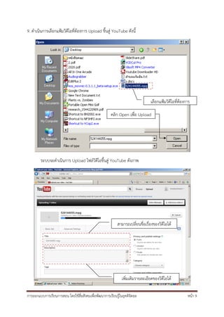 9. ดําเนินการเลือกแฟ้มวิดีโอที่ต้องการ Upload ขึ้นสู่ YouTube ดังนี้




                                                                                เลือกแฟ้มวิดีโอที่ต้องการ

                                                       คลิก Open เพื่อ Upload




        ระบบจะดําเนินการ Upload ไฟล์วิดีโอขึ้นสู่ YouTube ดังภาพ




                                                           สามารถเปลี่ยนชื่อเรื่องของวิดีโอได้




                                                              เพิ่มเติมรายละเอียดของวิดีโอได้

การออกแบบการเรียนการสอน โดยใช้สื่อสังคมเพื่อพัฒนาการเรียนรู้ในยุคดิจิตอล                               หน้า 9
 
 
