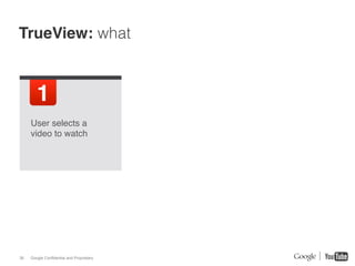 TrueView: what


        1!
     User selects a
     video to watch!




36   Google Confidential and Proprietary
 
