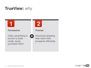 TrueView: why


        1!                                  2!                      3!
     Persuasive !                          Precise !
     !                                     !
     Video advertising is                  Advanced targeting
     proven to build                       help reach best
     recall, equity,                       prospects efﬁciently !
     purchase intent!                      !
     !




40   Google Confidential and Proprietary
 