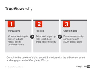 TrueView: why


         1!                                  2!                       3!
      Persuasive !                          Precise !                Global Scale !
      !                                     !                        !
      Video advertising is                  Advanced targeting       Drive awareness by
      proven to build                       help reach best          connecting with
      recall, equity,                       prospects efﬁciently !   800M global users!
      purchase intent!                      !                        !
      !



     Combine the power of sight, sound & motion with the efﬁciency, scale
     and engagement of Google AdWords!

42    Google Confidential and Proprietary
 