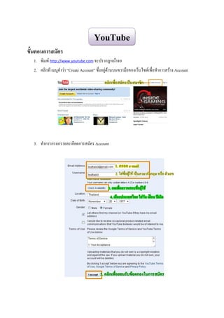 YouTube
ขั้นตอนการสมัคร
  1. พิมพ์ http://www.youtube.com จะปรากฏหน้าจอ
  2. คลิกที เมนูคาว่า “Create Account” ซึ่งอยู่ด้านบนขวามือของเว็บไซต์เพื่อทาการสร้าง Account




  3. ทาการกรอกรายละเอียดการสมัคร Account
 