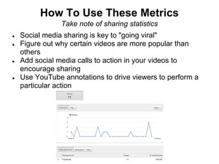 How To Use These Metrics
                Take note of sharing statistics
●   Social media sharing is key to "going viral"
●   Figure out why certain videos are more popular than
    others
●   Add social media calls to action in your videos to
    encourage sharing
●   Use YouTube annotations to drive viewers to perform a
    particular action
 