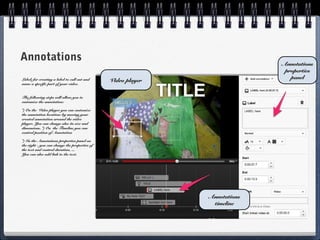 Annotations                                                                 Annotations
                                                                             properties
                                                                               panel
Label: for creating a label to call out and    Video player
name a specific part of your video.


The following steps will allow you to
customize the annotation:

*) On the Video player you can customize
the annotation location: by moving your
created annotation around the video
player. You can change also its size and
dimensions. *) On the Timeline you can
control position of Annotation

*) In the Annotations properties panel on
the right - you can change the properties of
the text and control duration, ...
You can also add link to the text.




                                                              Annotations
                                                               timeline
 