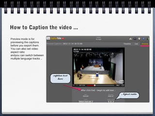 How to Caption the video ...
Preview mode is for
previewing the captions
before you export them.
You can also set video
aspect ratio
andyou can switch between
multiple language tracks ..




                              caption text
                                 here




                                             Aspect ratio
 