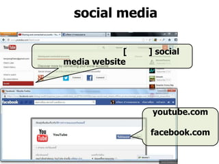 social media
[ ] social
media website
youtube.com
facebook.com
 