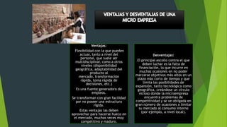 Ventajas:
Flexibilidad con la que pueden
actuar, tanto a nivel del
personal, que suele ser
multidisciplinar, como a otros
niveles (disponibilidad
geográfica, adaptabilidad del
producto al
mercado, transformación
rápida, toma rápida de
decisiones, etc.)
Es una fuente generadora de
empleos.
Se transforman con gran facilidad
por no poseer una estructura
rígida.
Estas ventajas las deben
aprovechar para hacerse hueco en
el mercado, muchas veces muy
competitivo y maduro.

Desventajas:
El principal escollo contra el que
deben luchar es la falta de
financiación, lo que incurre en
muchas ocasiones en no poder
marcarse objetivos más altos en un
plazo más corto de tiempo y que
limita las posibilidades de
expansión, tanto tecnológica como
geográfica, creándose un círculo
vicioso donde la microempresa
encuentra problemas de
competitividad y se ve obligada en
gran número de ocasiones a limitar
su mercado al consumo interno
(por ejemplo, a nivel local).

 