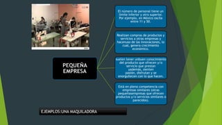 El número de personal tiene un
límite inferior y otro superior.
Por ejemplo, en México oscila
entre 11 y 50.

Realizan compras de productos y
servicios a otras empresas y
hacenuso de las innovaciones, lo
cual, genera crecimiento
económico.

PEQUEÑA
EMPRESA

suelen tener unbuen conocimiento
del producto que ofrecen y/o
servicio que prestan
yademás, sienten
pasión, disfrutan y se
enorgullecen con lo que hacen.
Está en plena competencia con
empresas similares (otras
pequeñasempresas que ofrecen
productos y/o servicios similares o
parecidos).

EJEMPLOS:UNA MAQUILADORA

 