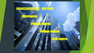 FINANCIAMIENTO DE: (MIPYMES)

-Microempresa
-Pequeña empresa
-Mediana empresa
-Gran empresa

 