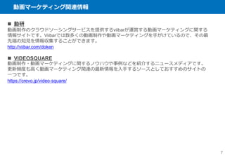 動画マーケティング関連情報
7
 動研
動画制作のクラウドソーシングサービスを提供するviibarが運営する動画マーケティングに関する
情報サイトです。Viibarでは数多くの動画制作や動画マーケティングを手がけているので、その最
先端の知見を情報収集することができます。
http://viibar.com/doken
 VIDEOSQUARE
動画制作・動画マーケティングに関するノウハウや事例などを紹介するニュースメディアです。
更新頻度も高く動画マーケティング関連の最新情報を入手するソースとしておすすめのサイトの
一つです。
https://crevo.jp/video-square/
 