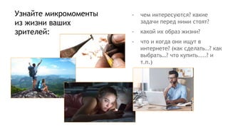 Узнайте микромоменты
из жизни ваших
зрителей:
- чем интересуются? какие
задачи перед ними стоят?
- какой их образ жизни?
- что и когда они ищут в
интернете? (как сделать..? как
выбрать…? что купить....? и
т.п.)
 