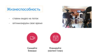 Жизнеспособность
- ставим видео на поток
- оптимизируем свое время
Снимайте
блоками
Планируйте
(контент-план)
 