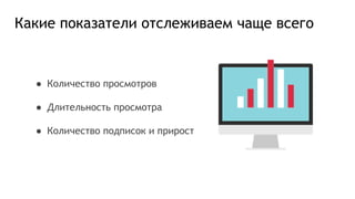 Какие показатели отслеживаем чаще всего
● Количество просмотров
● Длительность просмотра
● Количество подписок и прирост
 