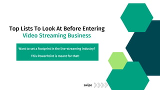 swipe
Top Lists To Look At Before Entering
Video Streaming Business
Want to set a footprint in the live-streaming industry?
This PowerPoint is meant for that!
 