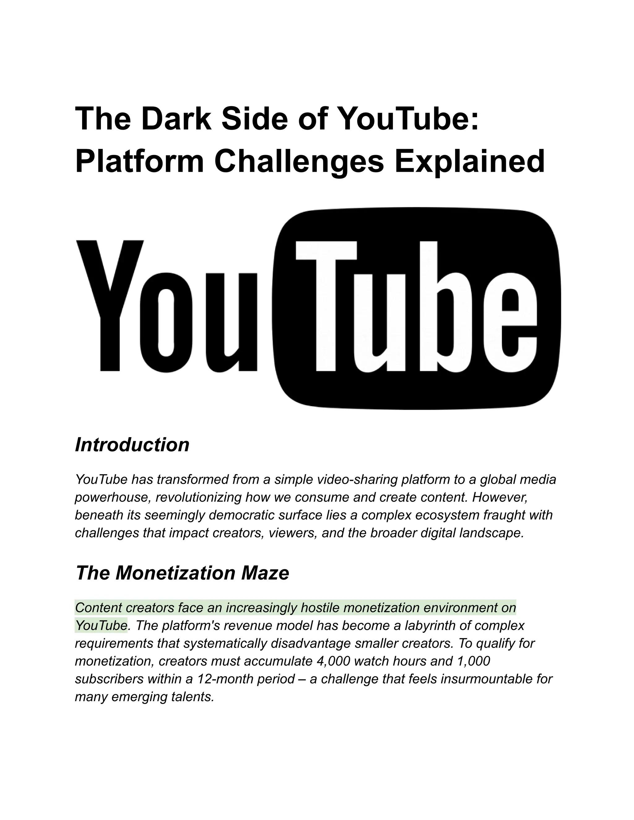 The Dark Side of YouTube:Platform Challenges Explained | PDF