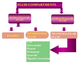 FLUID COMPARTMENTS
EXTRA CELLUAR
FLUID
INTRA CELLULAR
FLUID
INTERSTITIAL
FLUID
PLASMA
TRANSCELLULAR
FLUID
CSF
Intra ocular
Pleural
Peritoneal
Synovial
Digestive Secretions
 