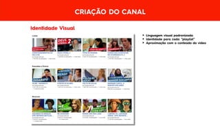 Identidade Visual
CRIAÇÃO DO CANAL
► Linguagem visual padronizada
► Identidade para cada “playlist”
► Aproximação com o conteúdo do vídeo
 