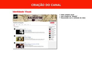 Identidade Visual
CRIAÇÃO DO CANAL
► Falta unidade visual
► Sem criação de “playlist”
► Desconexão com o conteúdo do vídeo
 