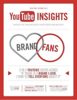 ISSUE TWO | OCTOBER 2013

Quarterly Stats, Trends and Insights on Video from YouTube and Google

BRAND FANS
3 IN 4 YOUTUBE USERS AGREE
“if there is a brand I love,
I tend to tell everyone about iT”
MORE CONSUMERS
WATCH YouTube
THAN CABLE NETS

Learn how you can create bigger
opportunities for your brand
around the holidays – Stories from
Cardstore, Snapfish and others

GEN C IS 2x mOrE likely TO AGREE
“I would rather watch videos
posted by brands on YouTube
than watch TV commercials”

 
