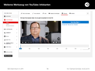 SEO-Stammtisch im UPH K3 / Gerhard Schröder, 03.05.2018
Weiteres Werkzeug von YouTube: Infokarten
!15
 