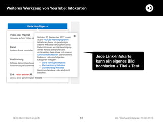 SEO-Stammtisch im UPH K3 / Gerhard Schröder, 03.05.2018
Jede Link-Infokarte
kann ein eigenes Bild
hochladen + Titel + Text...