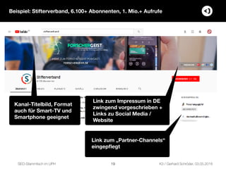SEO-Stammtisch im UPH K3 / Gerhard Schröder, 03.05.2018
Beispiel: Stifterverband, 6.100+ Abonnenten, 1. Mio.+ Aufrufe
Kana...