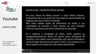 DADOS LIVRO – BOOM DE MÍDIAS SOCIAIS
No Livro “Boom de Mídias Sociais” o autor Jeffrey Gitomer,
compartilha sob o seu ponto de vista algumas oportunidades de
negócios para quem utiliza o Youtube!
Mas antes saibam quem vai determinar ou limitar a sua
criatividade no Youtube é você mesmo, ou uma limitação
referente ao processo de desenvolvimento de conteúdo.
Se o objetivo é divulgação de ideias, perfil, produto ou
propaganda/comercial, tenha em mente nunca ultrapassar 04
minutos, e crie vídeos reais e divertidos, que nesses conteúdos a
representação seja precisa de quem é você, a sua empresa, ou o
elo de ligação com aquilo que está sendo apresentado.
Youtube
DADOS LIVRO:
Turma de Marketing
Aluno: Wesley
Prof. Daniela Drummond
 