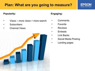 Plan: What are you going to measure? Popularity: Views – more views = more search Subscribers Channel Views Engaging: Comments Favorite Reviews Embeds Link Backs Social Media Posting Landing pages 