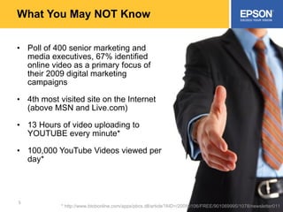 What You May NOT Know Poll of 400 senior marketing and media executives, 67% identified online video as a primary focus of their 2009 digital marketing campaigns 4th most visited site on the Internet (above MSN and Live.com) 13 Hours of video uploading to YOUTUBE every minute* 100,000 YouTube Videos viewed per day* * http://www.btobonline.com/apps/pbcs.dll/article?AID=/20090106/FREE/901069995/1078/newsletter011 