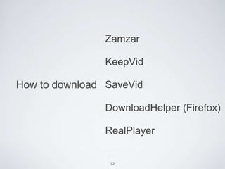 Zamzar

                KeepVid

How to download SaveVid

                DownloadHelper (Firefox)

                RealPlayer


                 32
 