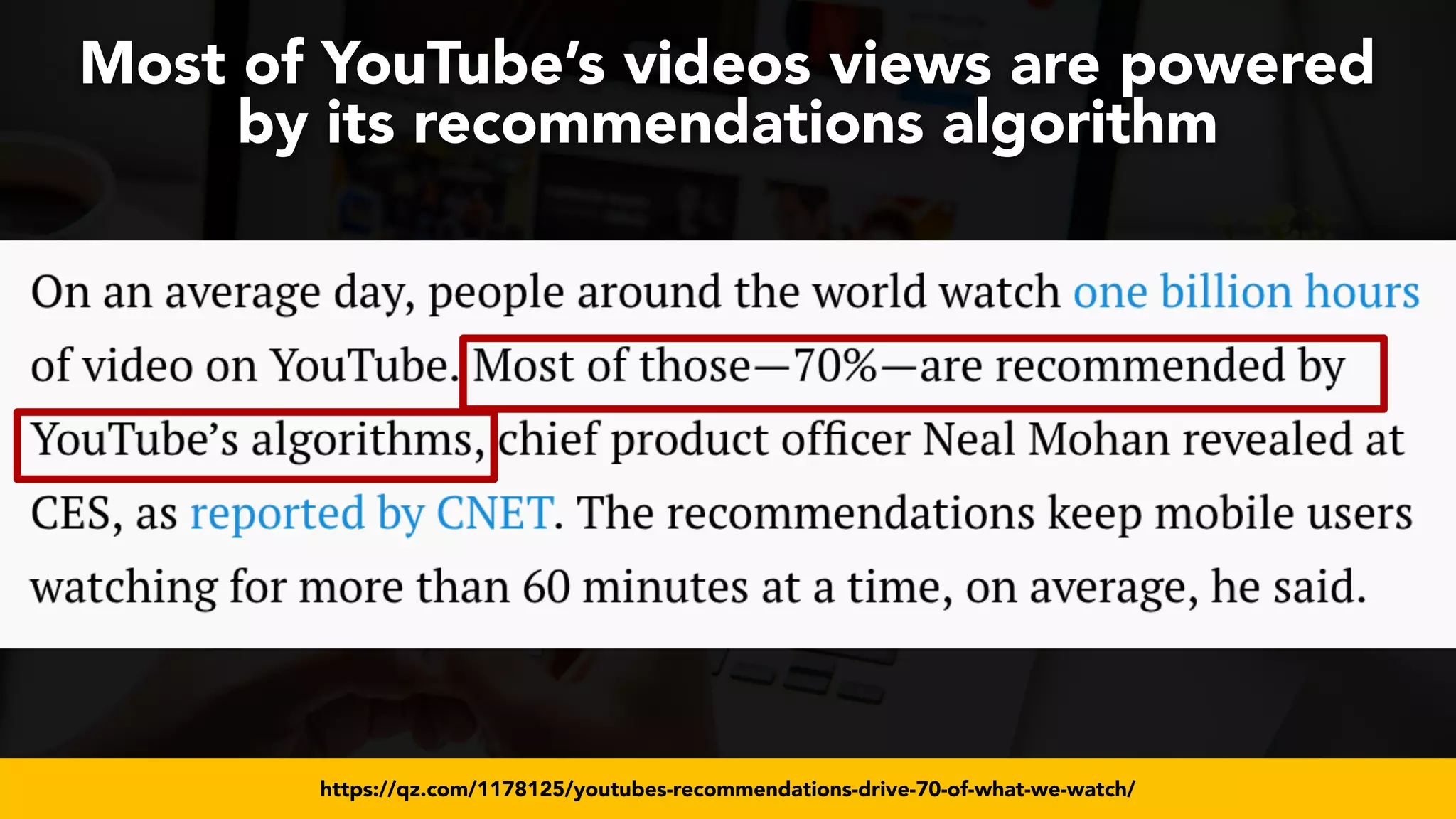 #videoseo at #smxwest by @aleyda from @oraintihttps://qz.com/1178125/youtubes-recommendations-drive-70-of-what-we-watch/
Most of YouTube’s videos views are powered
by its recommendations algorithm
 