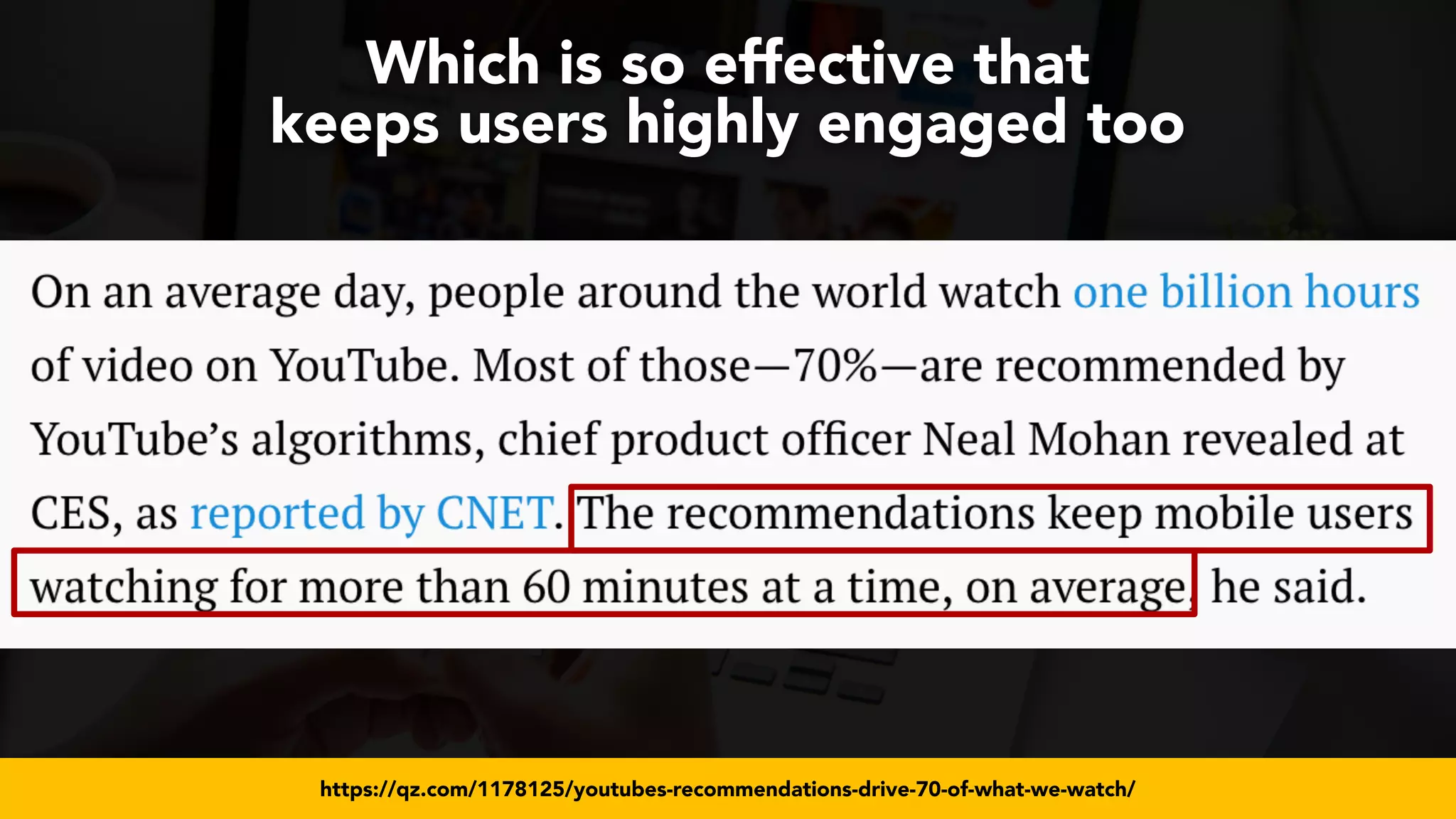 #videoseo at #smxwest by @aleyda from @oraintihttps://qz.com/1178125/youtubes-recommendations-drive-70-of-what-we-watch/
Which is so effective that
keeps users highly engaged too
 