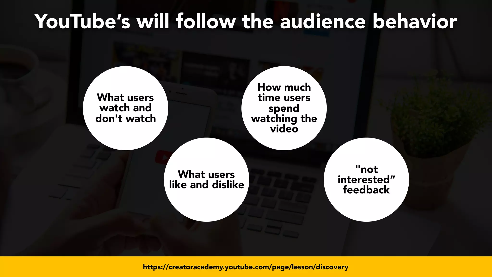 #videoseo at #smxwest by @aleyda from @oraintihttps://creatoracademy.youtube.com/page/lesson/discovery
YouTube’s will follow the audience behavior
What users
watch and
don't watch
What users
like and dislike
How much
time users
spend
watching the
video
"not
interested”
feedback
 