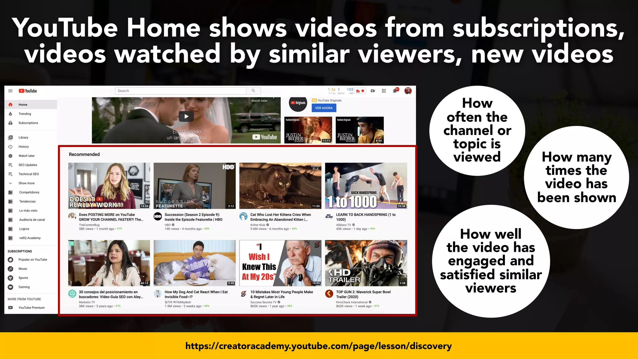 #videoseo at #smxwest by @aleyda from @oraintihttps://creatoracademy.youtube.com/page/lesson/discovery
YouTube Home shows videos from subscriptions,
videos watched by similar viewers, new videos 
How many
times the
video has
been shown
How well
the video has
engaged and
satisfied similar
viewers
How
often the
channel or
topic is
viewed
 